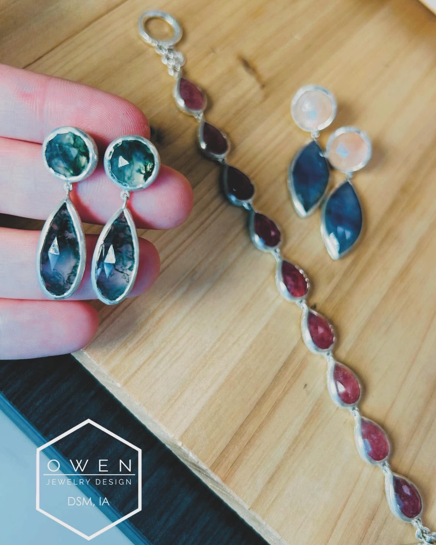 MOSS AGATE EARRINGS, STRAWBERRY QUARTZ BRACELET, AND MOONSTONE AND SAPPHIRE EARRINGS.jpg