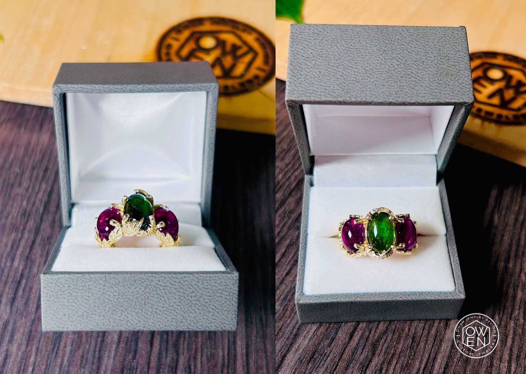 CUSTOM YELLOW GOLD FLORAL INSPIRED RING WITH A GREEN TOURMALINE CABOCHON AND TWO PINK TOURMALINE CABOCHONS.jpg