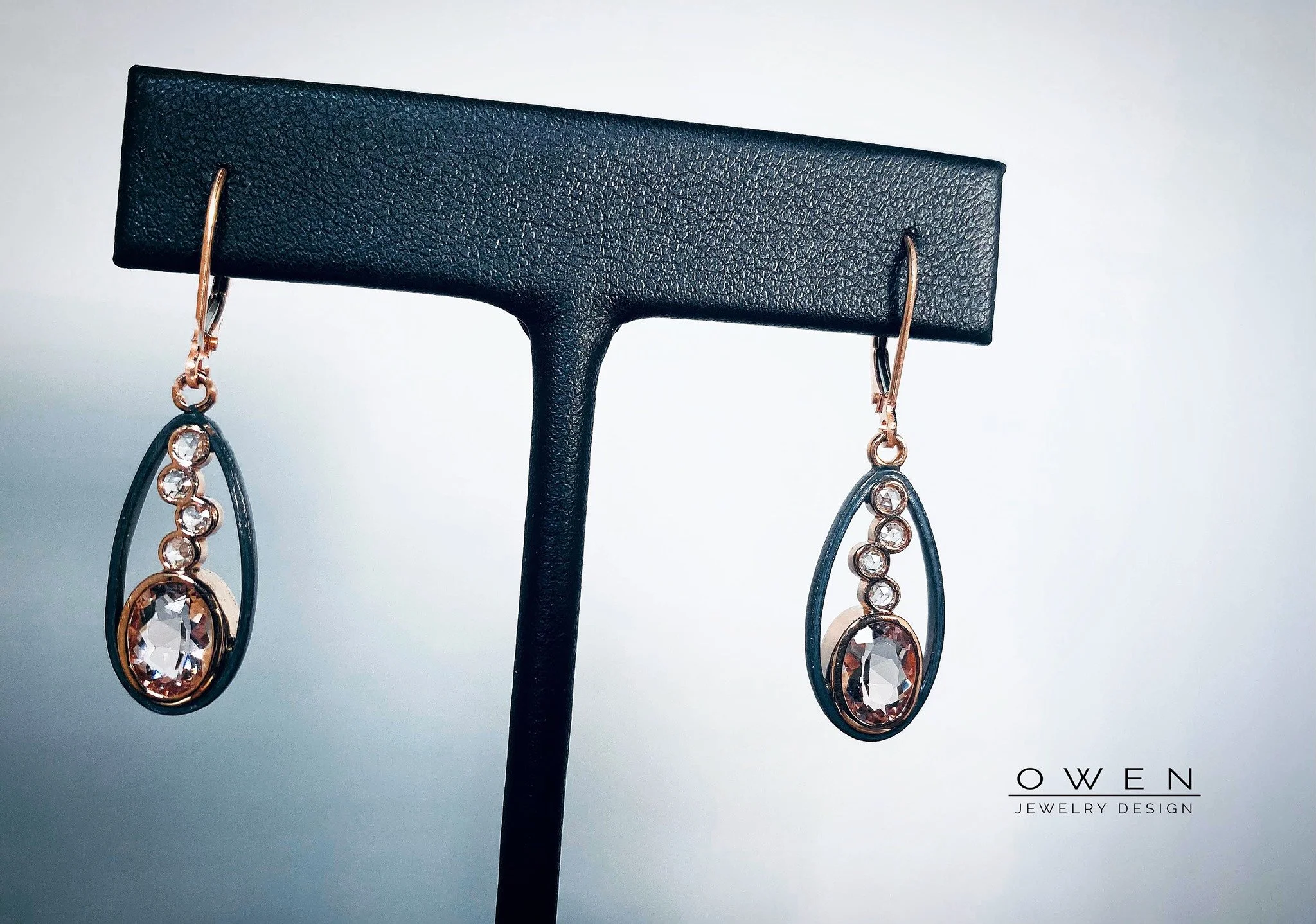 TWO TONE ROSE GOLD AND STERLING SILVER EARRINGS WITH MORGANITE AND ROSE CUT DIAMONDS
