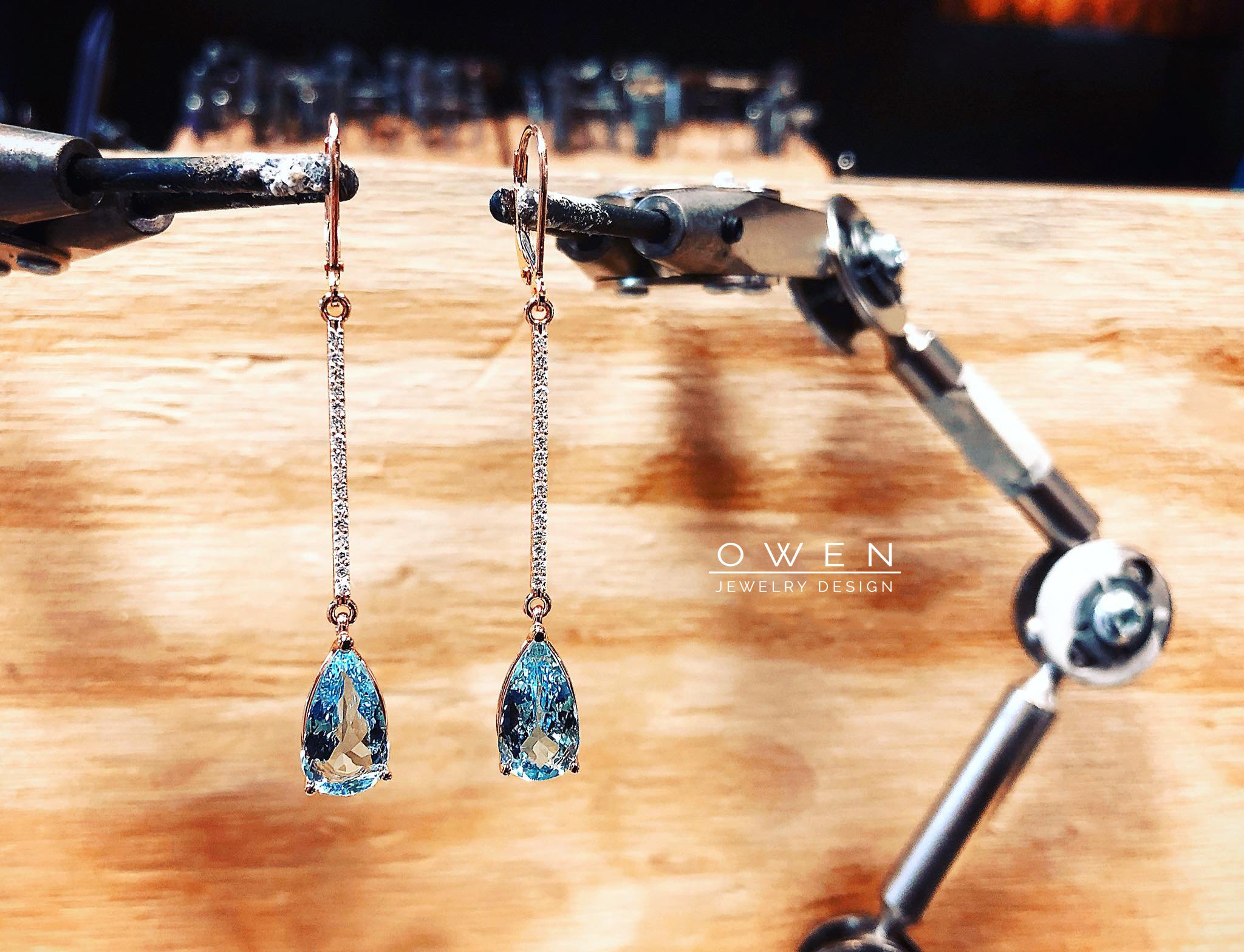 CUSTOM ROSE GOLD EARRINGS WITH TWO BRAZILIAN AQUAMARINE AND ROUND BRILLIANT CUT ACCENT DIAMONDS.jpg