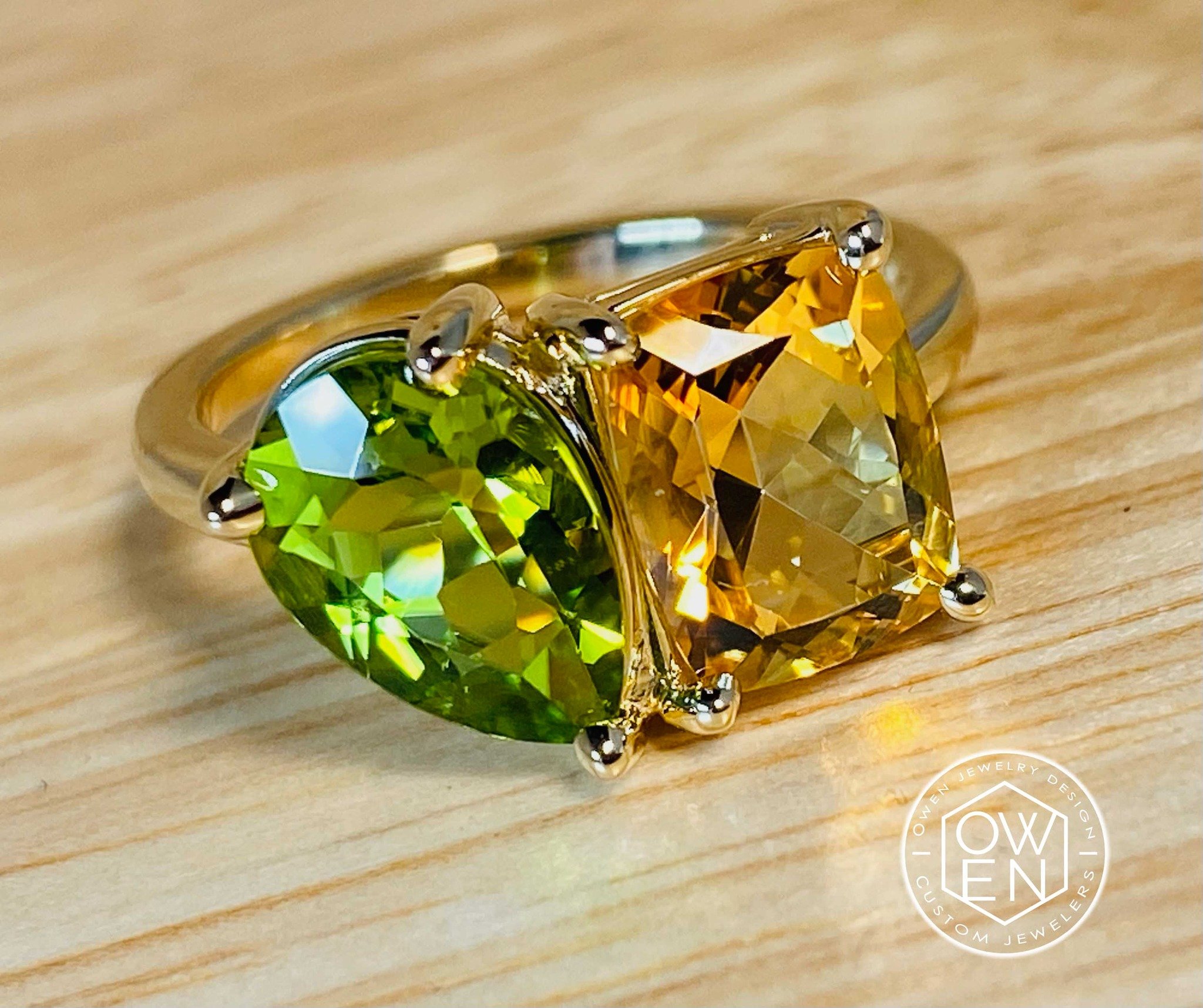 CUSTOM YELLOW GOLD RING WITH A PERIDOT AND HONEY TOPAZ.jpg