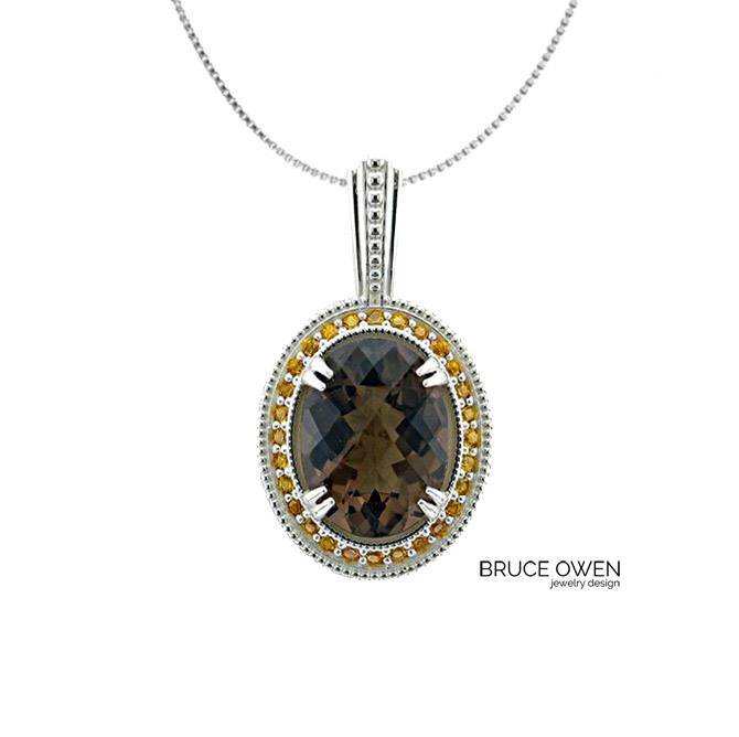 CUSTOM STERLING SILVER PENDANT WITH AN OVAL SMOKEY QUARTZ AND YELLOW SAPPHIRES.jpg