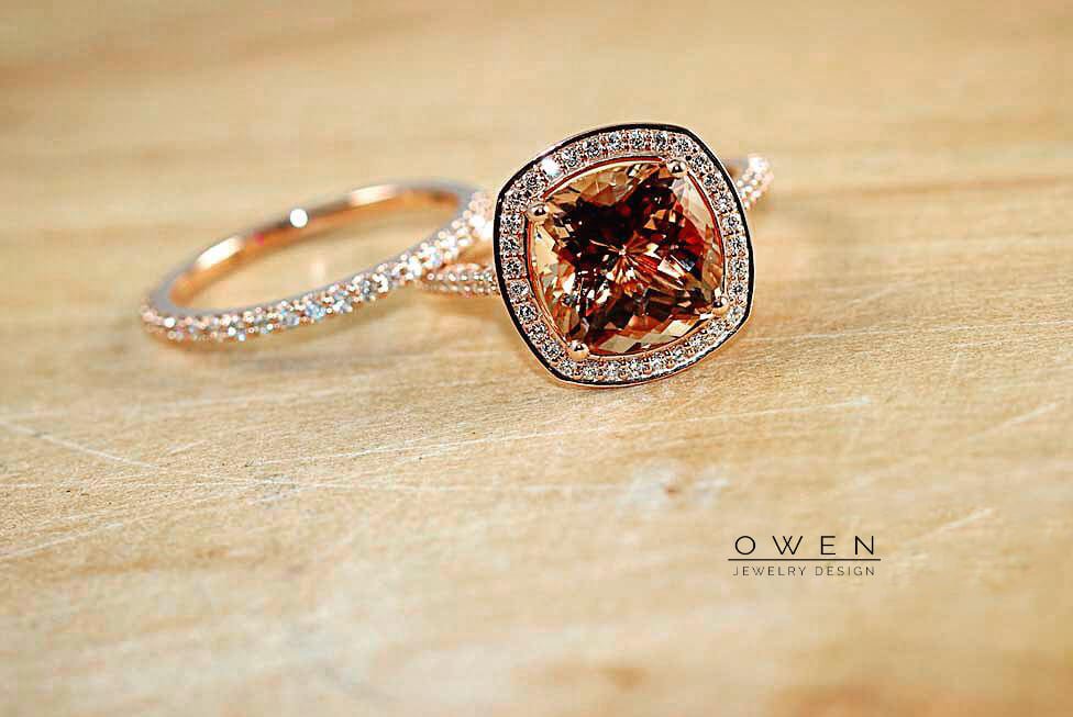 CUSTOM ROSE GOLD WEDDING SET WITH A GENUINE OREGON SUNSTONE AND ROUND BRILLIANT CUT ACCENT DIAMONDS.jpg