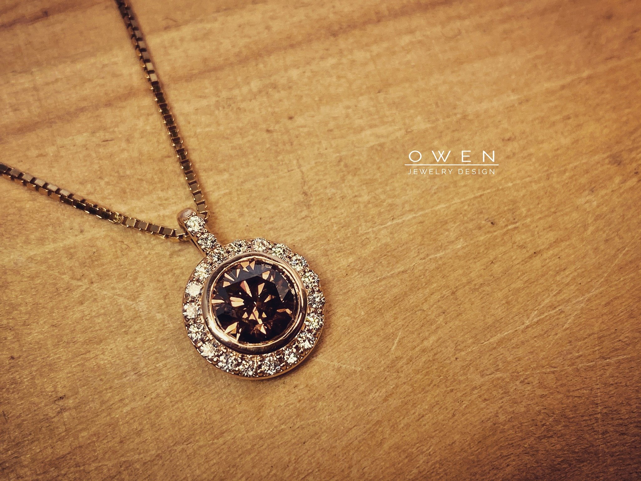 CUSTOM ROSE GOLD PENDANT WITH A BROWN DIAMOND AND ROUND BRILLIANT CUT ACCENT DIAMONDS.jpg