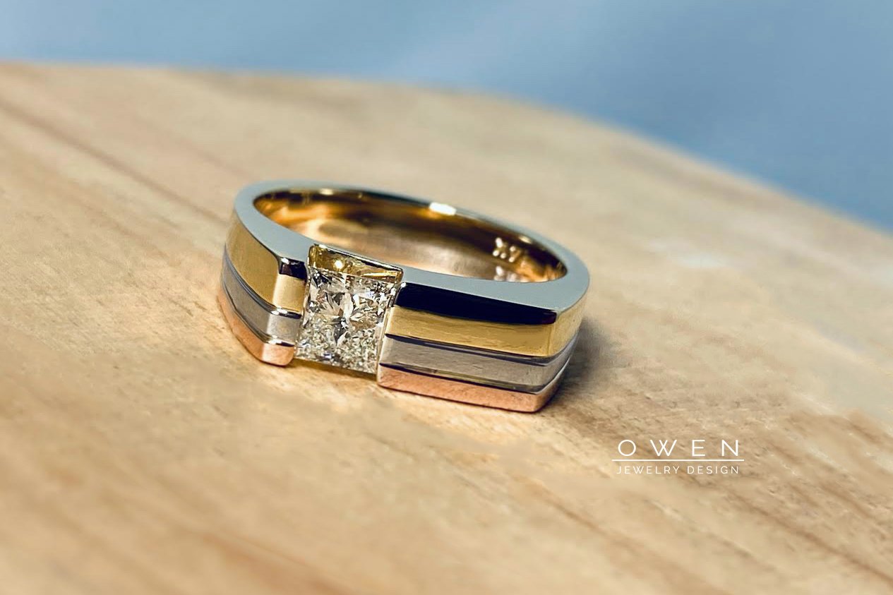 CUSTOM PRINCESS CUT DIAMOND WEDDING BAND WITH YELLOW, WHITE, & ROSE GOLD SETTING.jpg