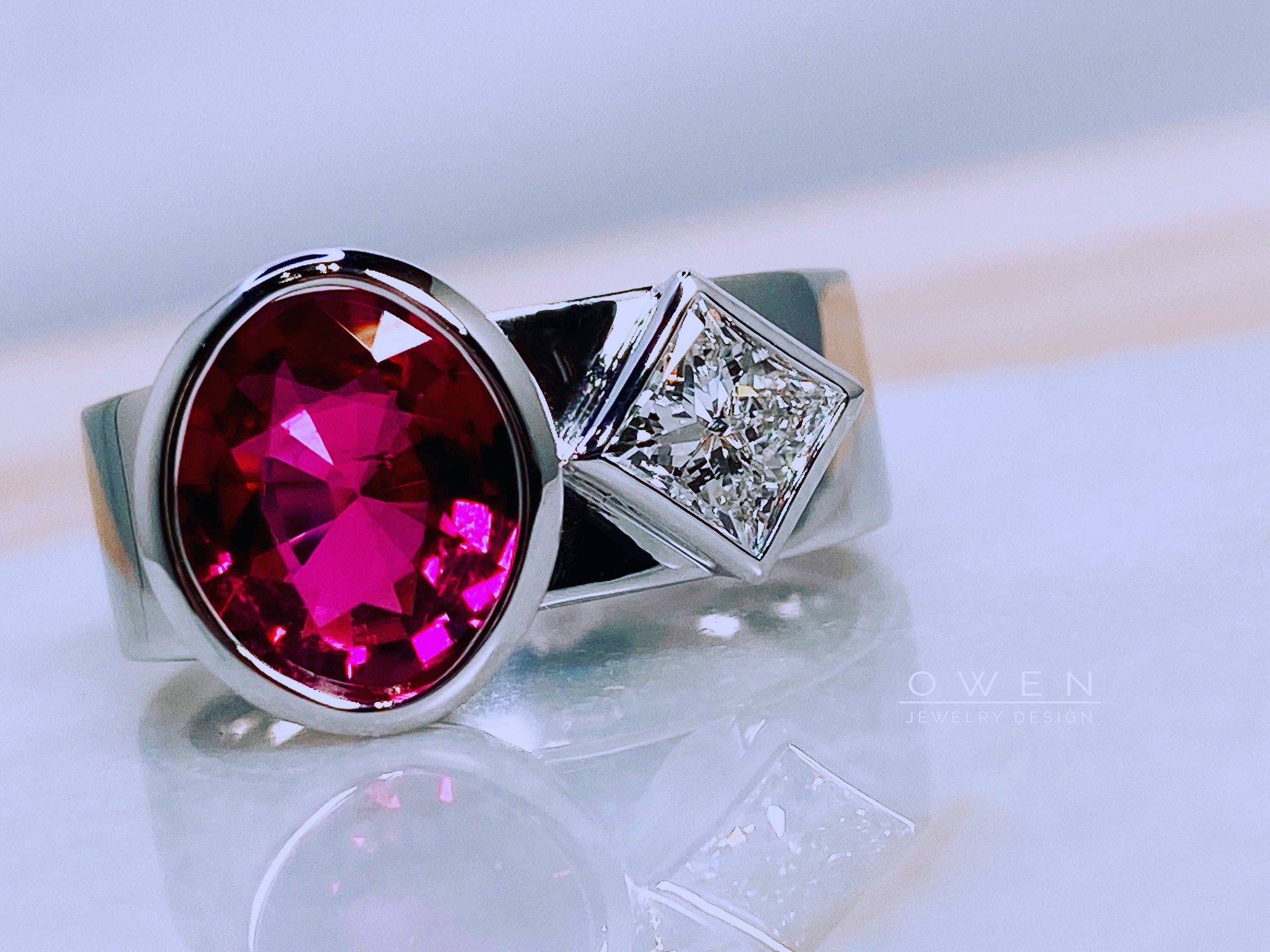 CUSTOM WHITE GOLD RING WITH PINK TOURMALINE AND SQUARE CUT DIAMONDS.jpg