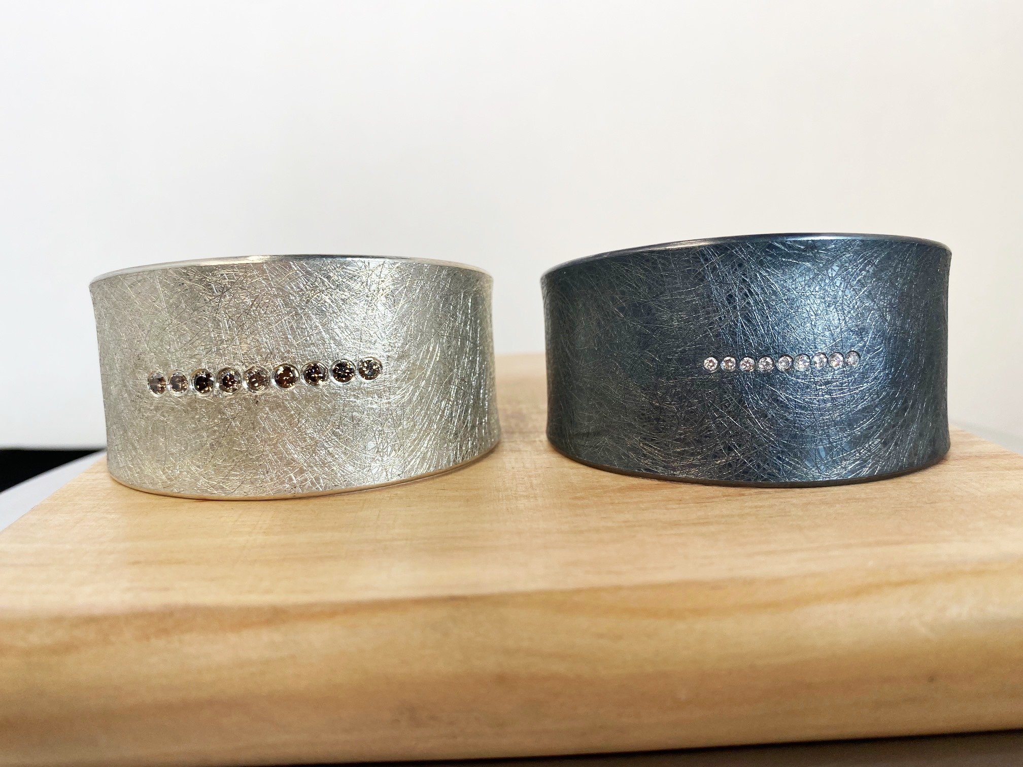 STERLING SILVER CUFF BRACELET WITH COLORED DIAMONDS AND OXIDIZED STERLING SILVER CUFF BRACELET WITH ROUND CUT DIAMONDS.jpg