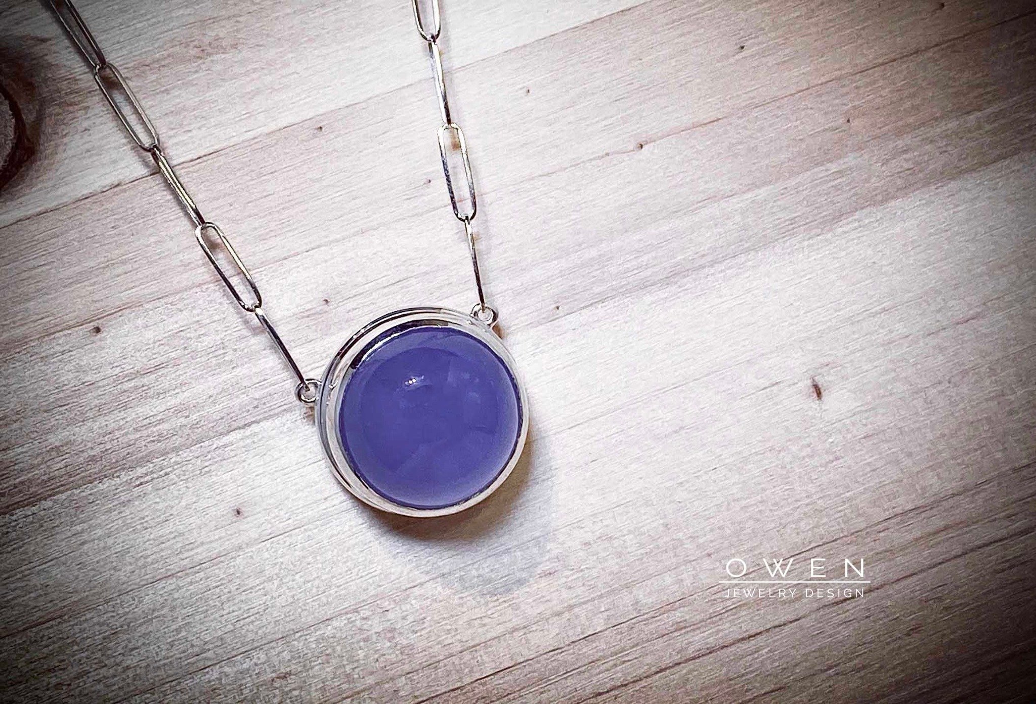 CUSTOM STERLING SILVER PENDANT WITH BLUE CHALCEDONY ON A PAPERCLIP STYLE CHAIN.jpg