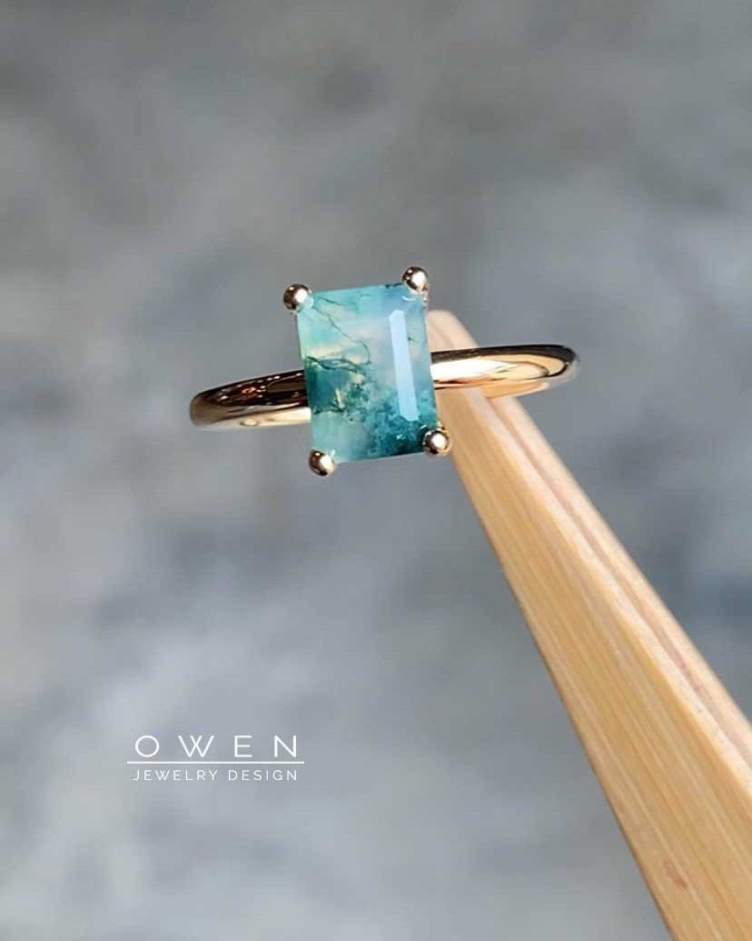 CUSTOM YELLOW GOLD RING WITH AN EMERALD SHAPE MOSS AGATE.jpg