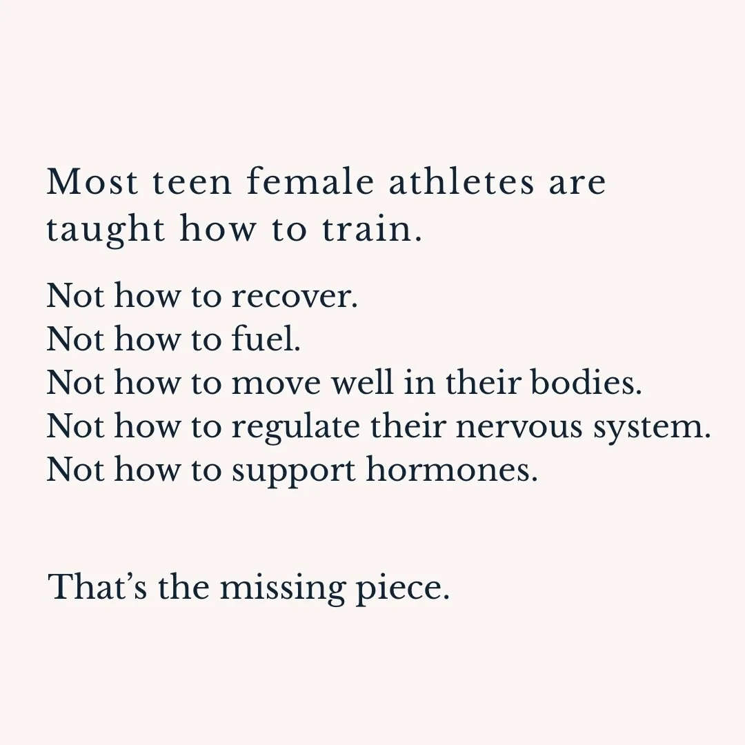 They&rsquo;re training harder than ever.
But most teen girls are never taught how to support the body that trains.

Recovery, nourishment, smart foundational movement, nervous system regulation, and hormone health aren&rsquo;t &ldquo;extras.&rdquo;
T