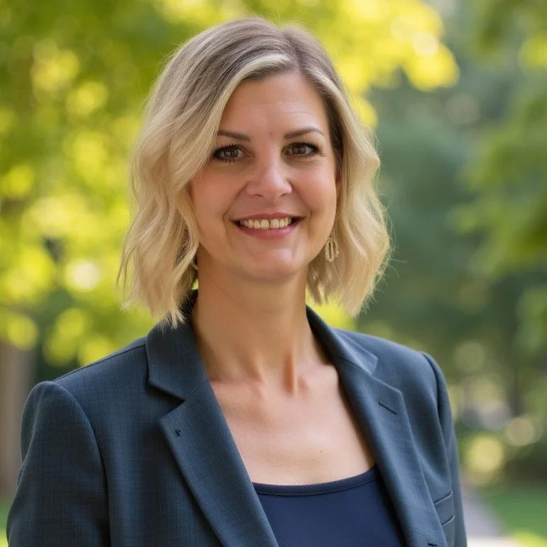 White woman with short wavy hair wearing a dark blue suit jacket