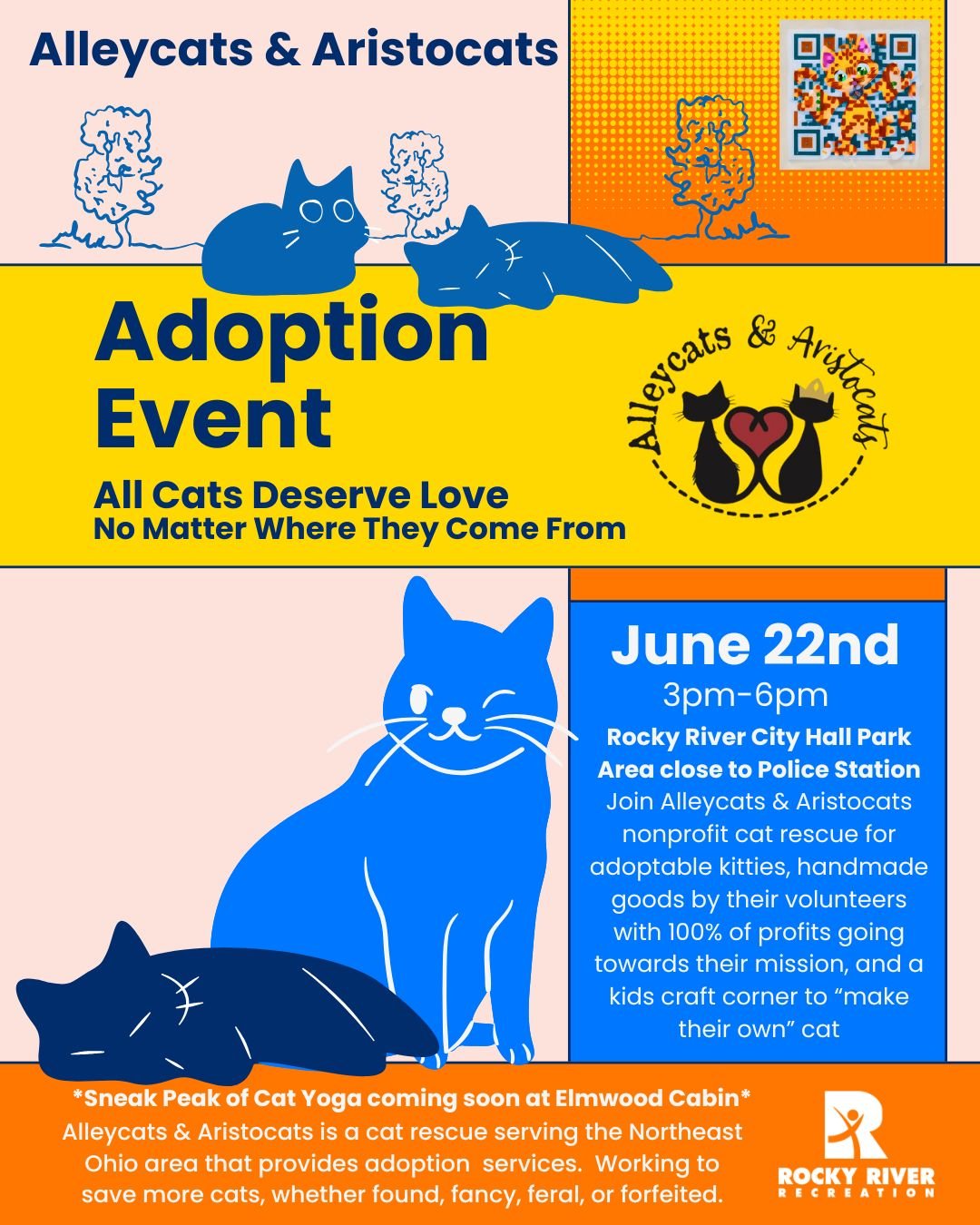 @alleycats_aristocats 
Adoption Event!

All Cats Deserve Love
No Matter Where They Come From

June 22nd 3-6pm

Rocky River City Hall Park
Area close to Police Station

Join Alleycats &amp; Aristocats nonprofit cat rescue at our Summer Nights event fo