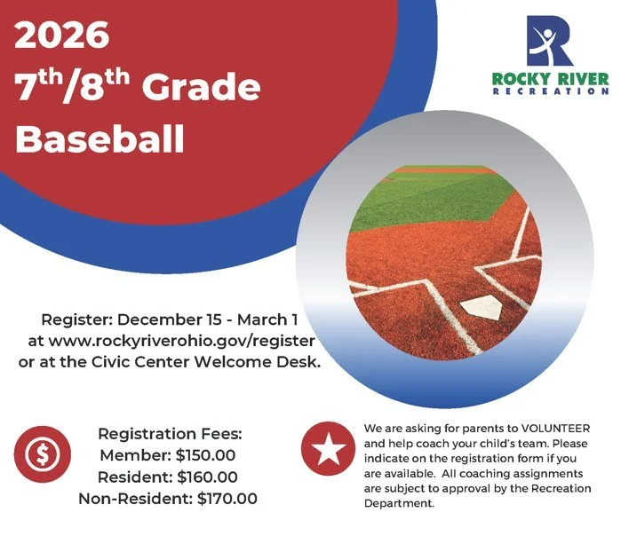 Registration begins Monday, December 15th for 7th and 8th grade baseball! 

This is &ldquo;Pony League&rdquo; recreational baseball league for those currently in Grades 7 &amp; 8.  The league will consist of teams from Rocky River, Westlake, and Fair