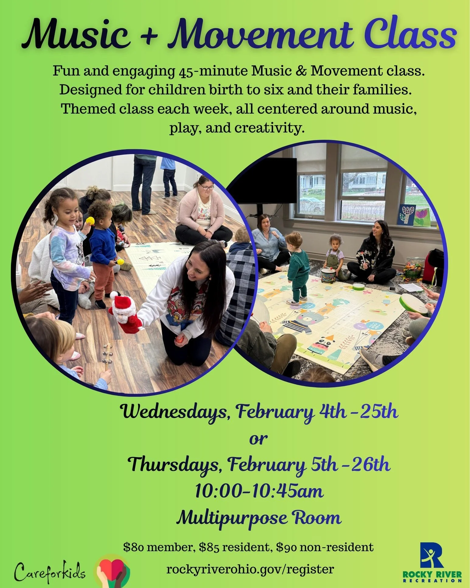 Try our fun and engaging 45-minute Movement and Music class! 

Wednesdays or Thursdays beginning February 4th. 10:00-10:45am in the Multipurpose Room. Ages 0-6 years old and their families.

www.rockyriverohio.gov/register