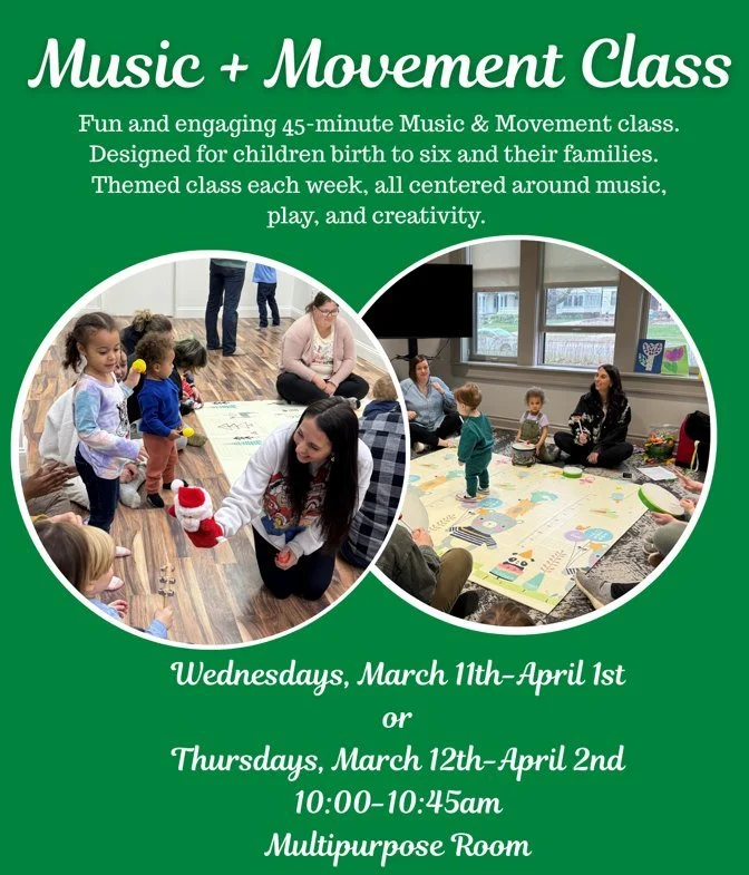 Registration is open for the next Music &amp; Movement class! Register for our Wednesday or Thursday class option and get ready for a fun and engaging class!

10:00-10:45am
March 11th-April 1st or
March 12th - April 2nd

Fee: $80 member, $85 resident