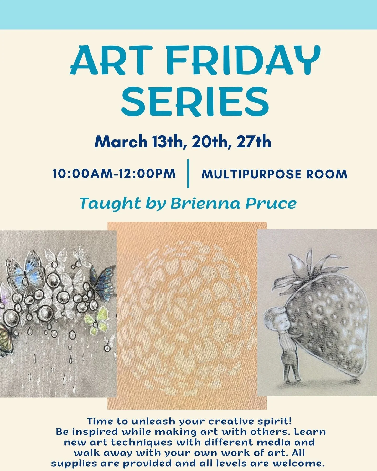 There are still spots available for our Art Friday Series! 

Come get creative and enjoy some time to yourself while making art. And don&rsquo;t forget &mdash; Kids Cove is open during class time, so if you&rsquo;re a parent who could use a little &l