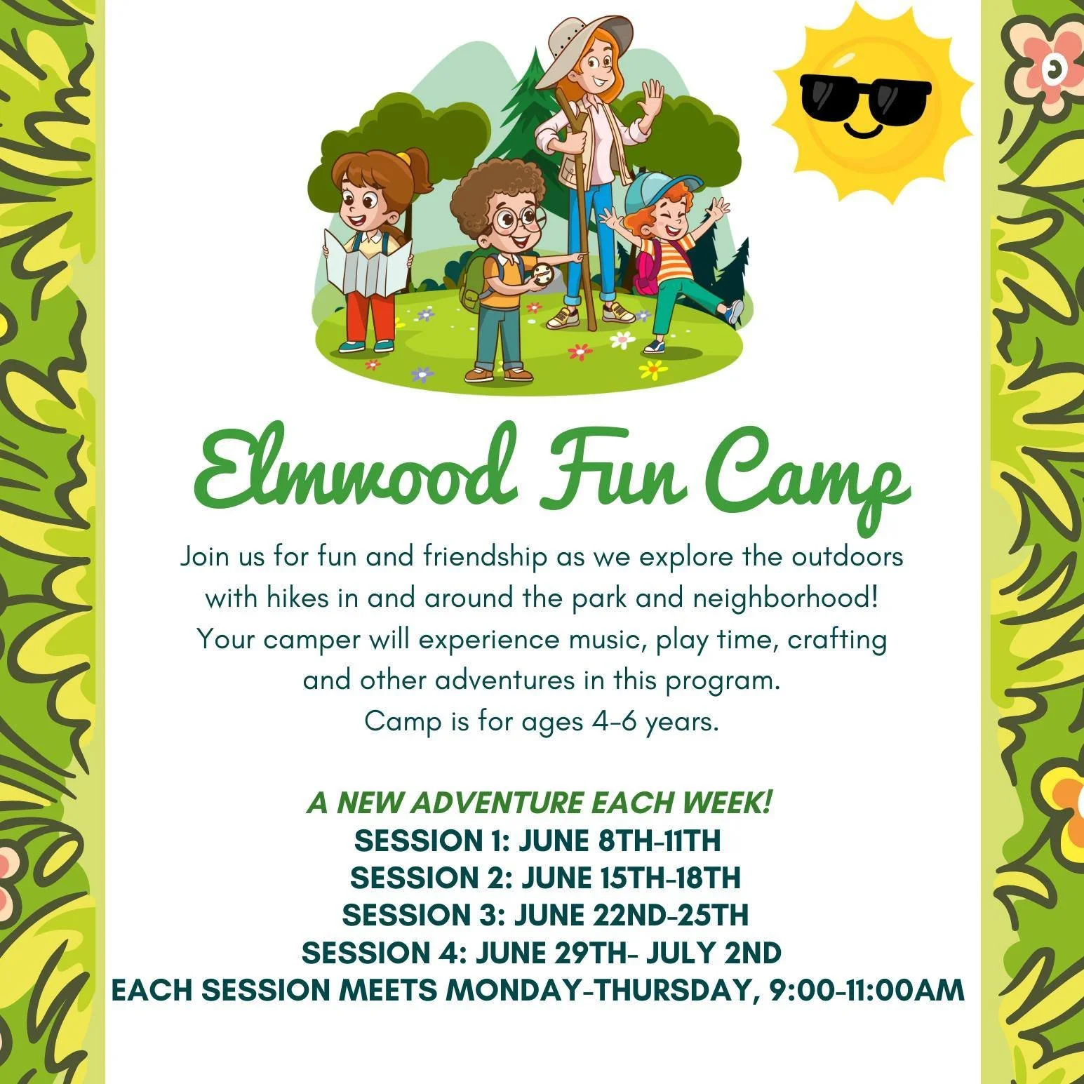 Join us for fun and friendship as we explore the outdoors with hikes in and around Elmwood Park! Campers will enjoy music, playtime, crafting, and plenty of exciting adventures along the way.

This program is designed especially for children ages 4&n