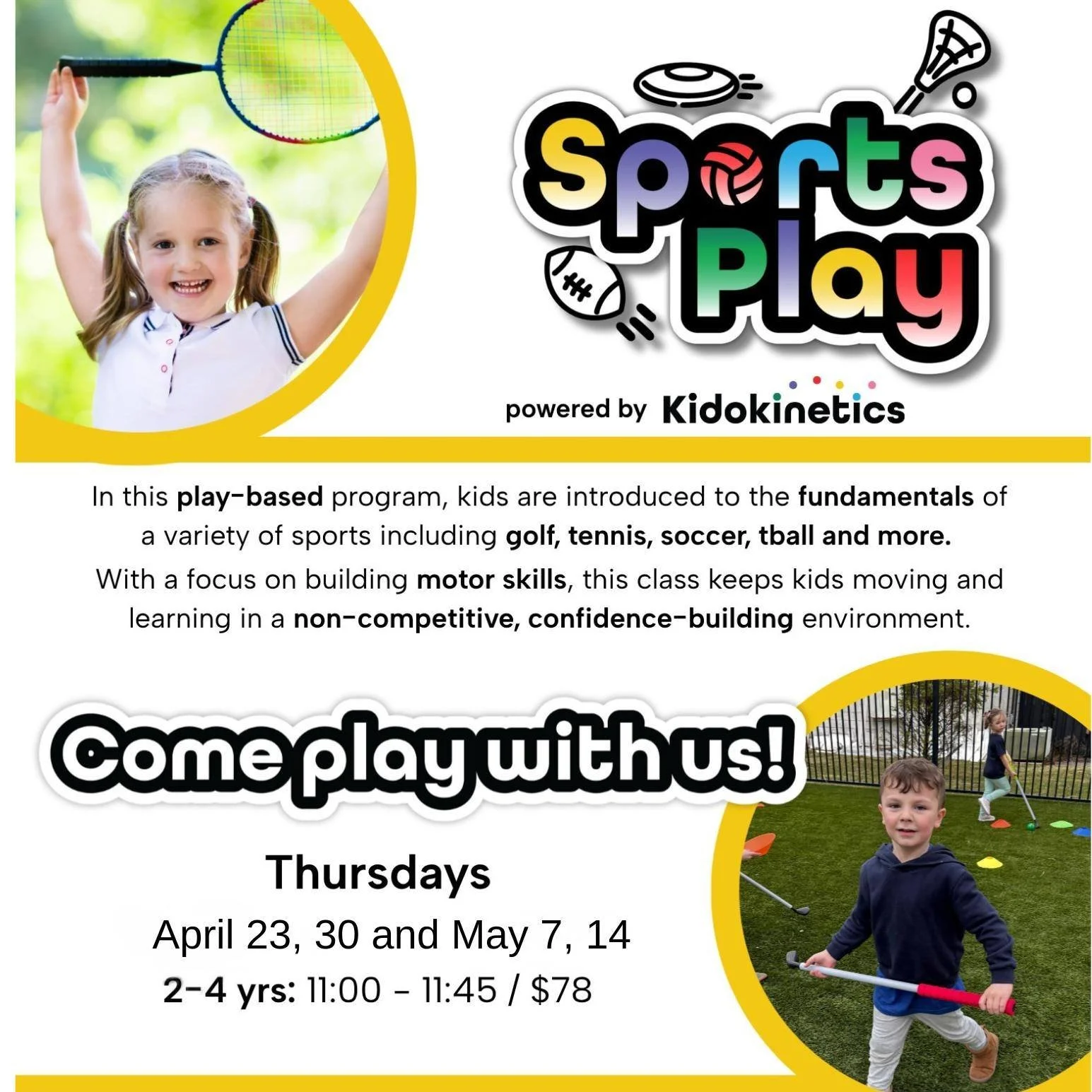 Looking for a fun and active way to keep your kids moving this spring? 

Join Kidokinetics on Thursdays or Saturdays this April and May!

- Thursday classes now begin April 23 (pushed back one week)
- Saturday classes kick off this weekend

Spots are