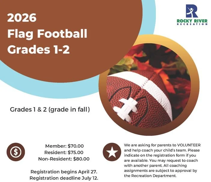 Youth Football &amp; Flag Football Registration is here! Get ready for an exciting season on the field!

Youth Football (Grades 3&ndash;6 entering in the fall)
&bull; Returning player registration is now open!
&bull; New player registration begins: M