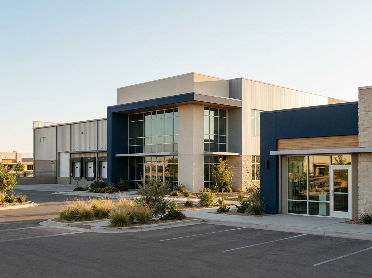 Modern commercial building with large glass windows, blue and beige exterior walls, and a landscaped parking lot with small trees and shrubs.