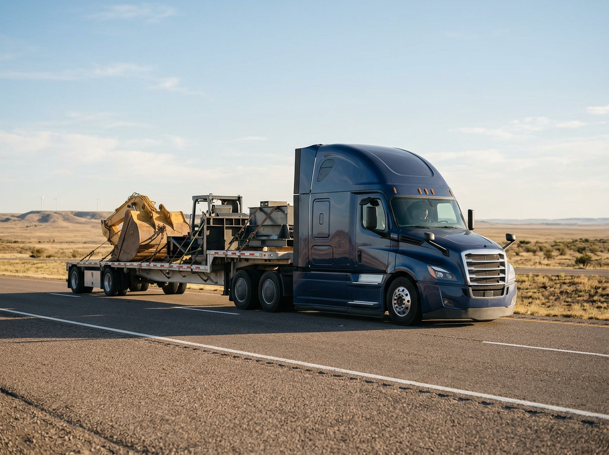 A blue semi-truck parked on the side of a desert highway, hauling construction equipment including an excavator on its trailer, with a flat arid landscape and wind turbines in the distance under a clear sky.