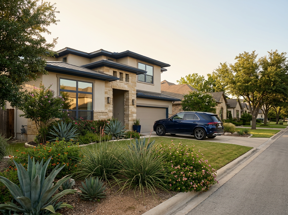 Modern house with landscaped front yard, including succulents and flowering bushes, parked black SUV, and neighboring houses and trees along the quiet residential street during the day.