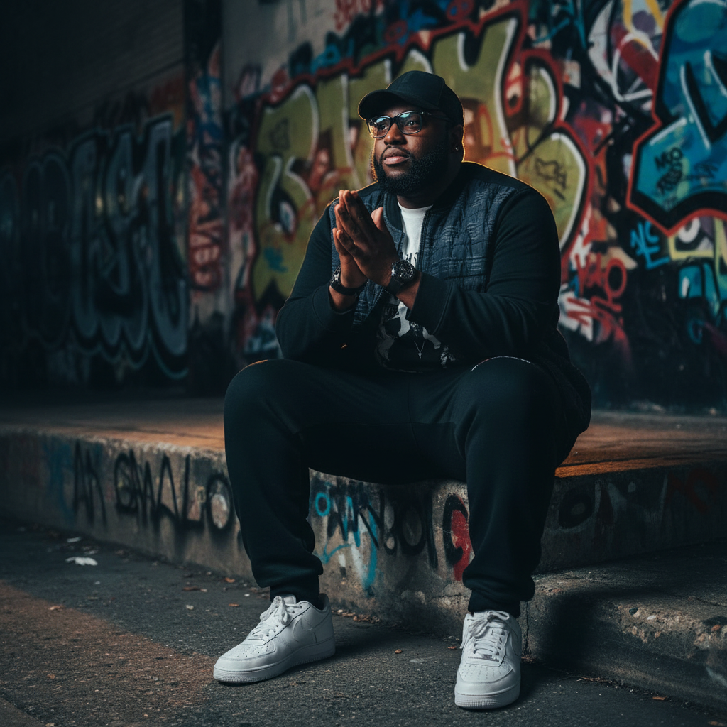 A man sitting on a concrete bench on a city sidewalk at night, wearing a black baseball cap, glasses, a black jacket, black pants with embroidery, white sneakers, and a watch, with his hands together in a prayer-like pose. The background has streetlights, American flags, and a woman standing near a building.