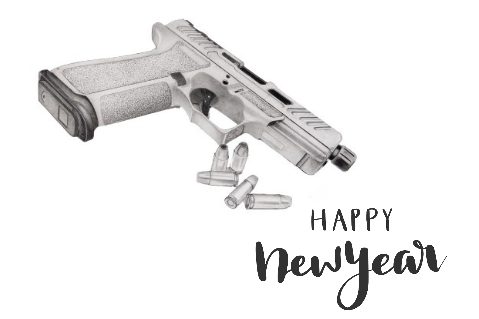 A silver handgun with bullets and a  "Happy New Year" message in black cursive text.