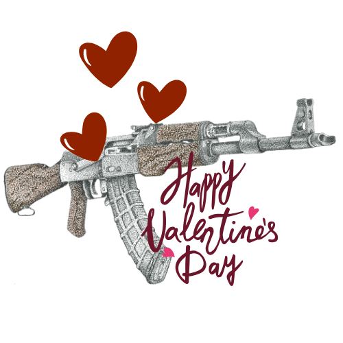 A gun with three hearts above it and the text 'Happy Valentine's Day' written next to it.