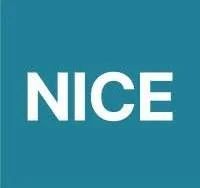 White text that says 'NICE' on a blue background.