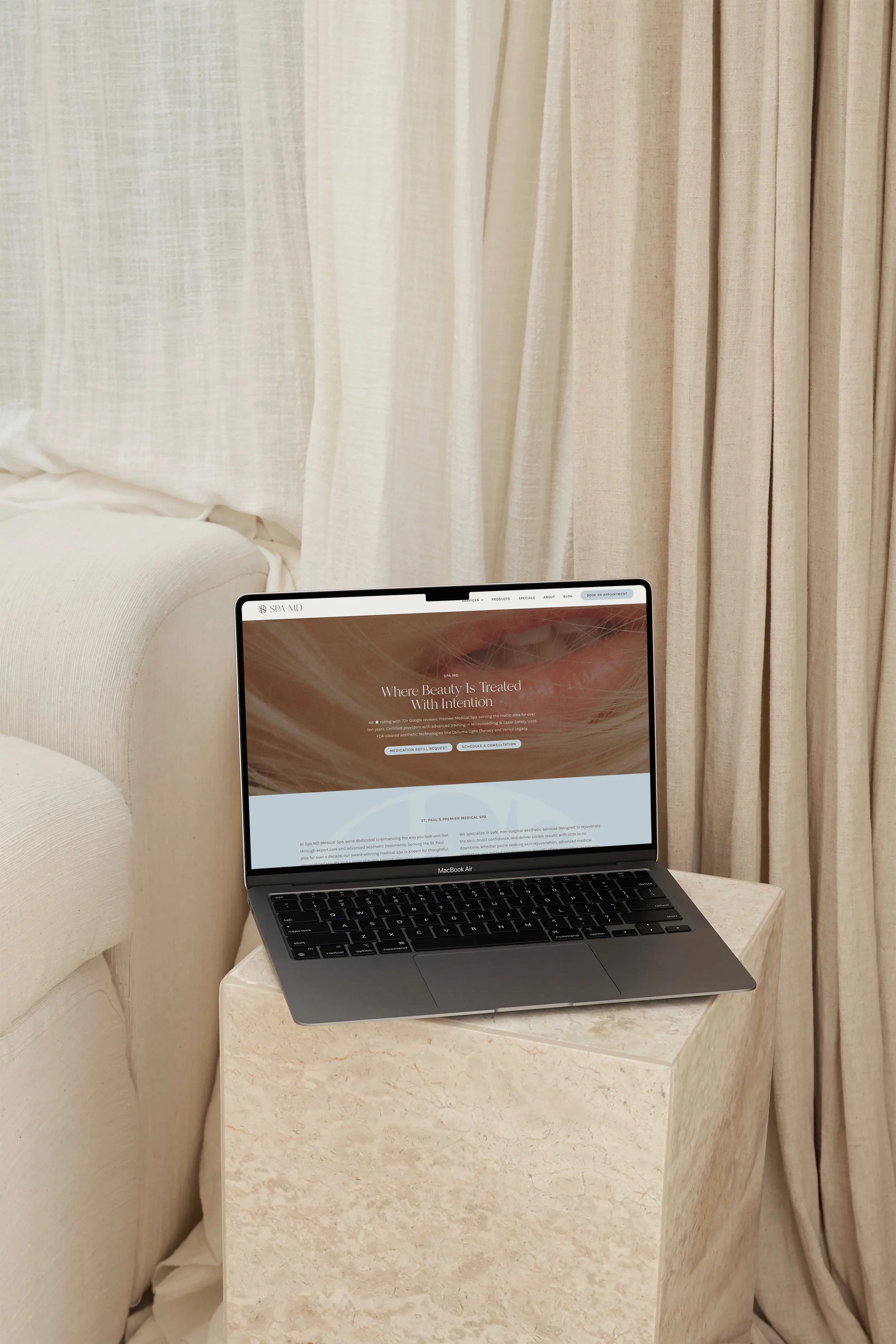 Custom esthetician website design showcasing services and brand photography