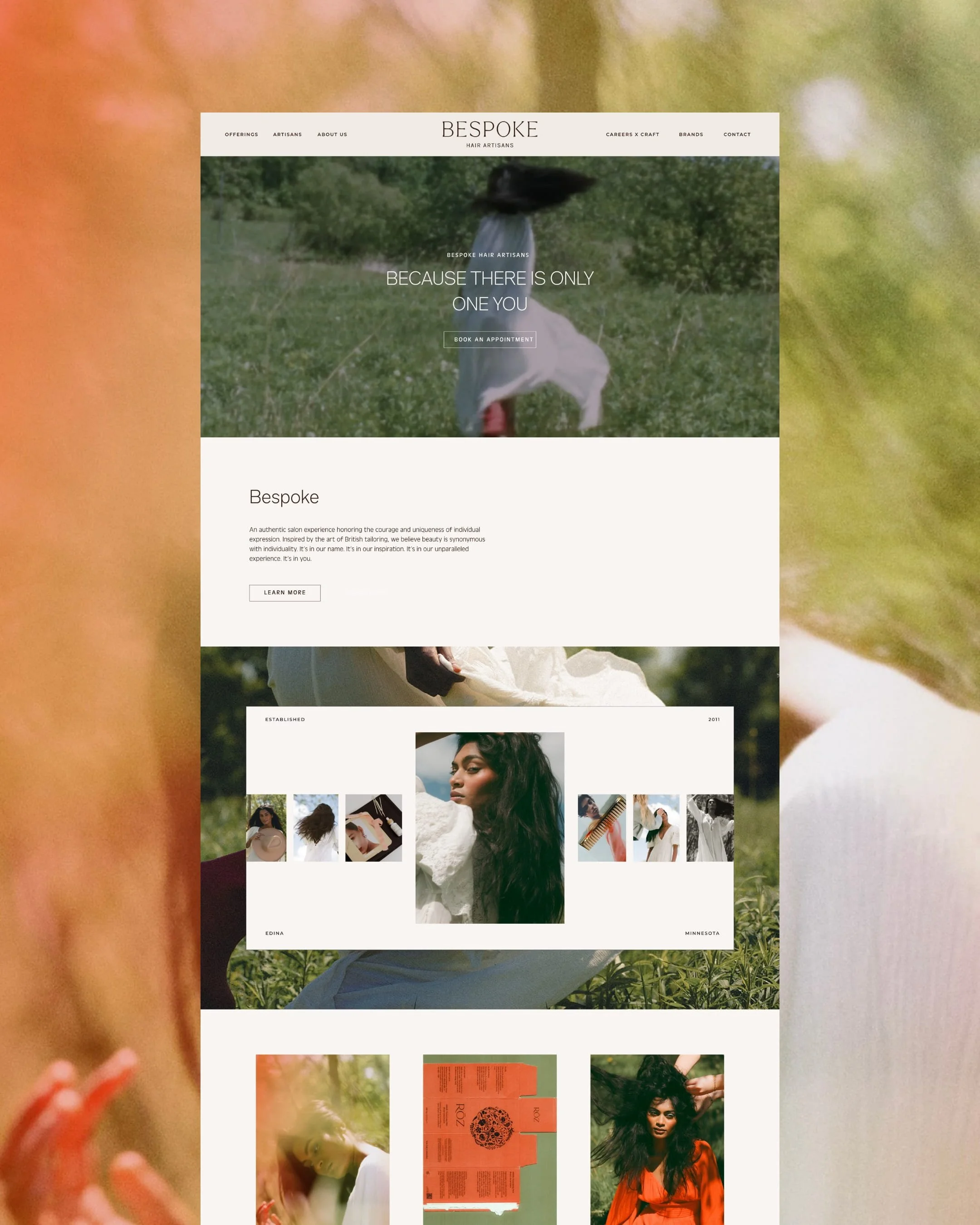 Elevated beauty website design for Bespoke Hair Artisans featuring an editorial style, professional imagery, and refined typography.