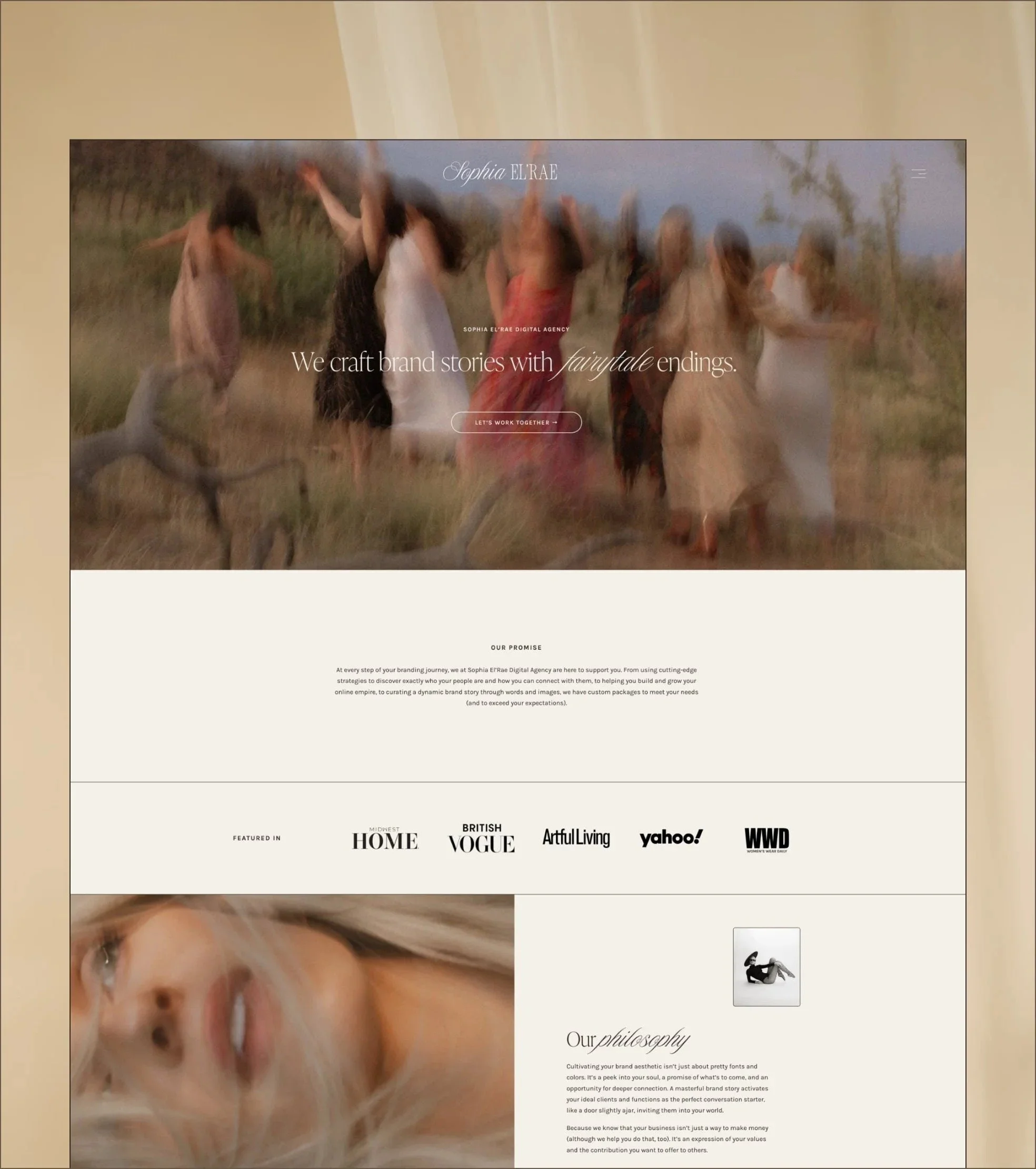 Luxury beauty website design example for Sophia El’Rae featuring romantic details, editorial photography, and sophisticated typography.