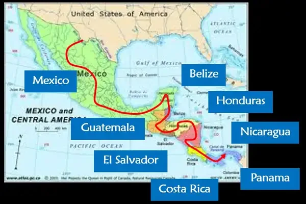 Map of Patrick McDonald’s 1993 bus route through Mexico and Central America