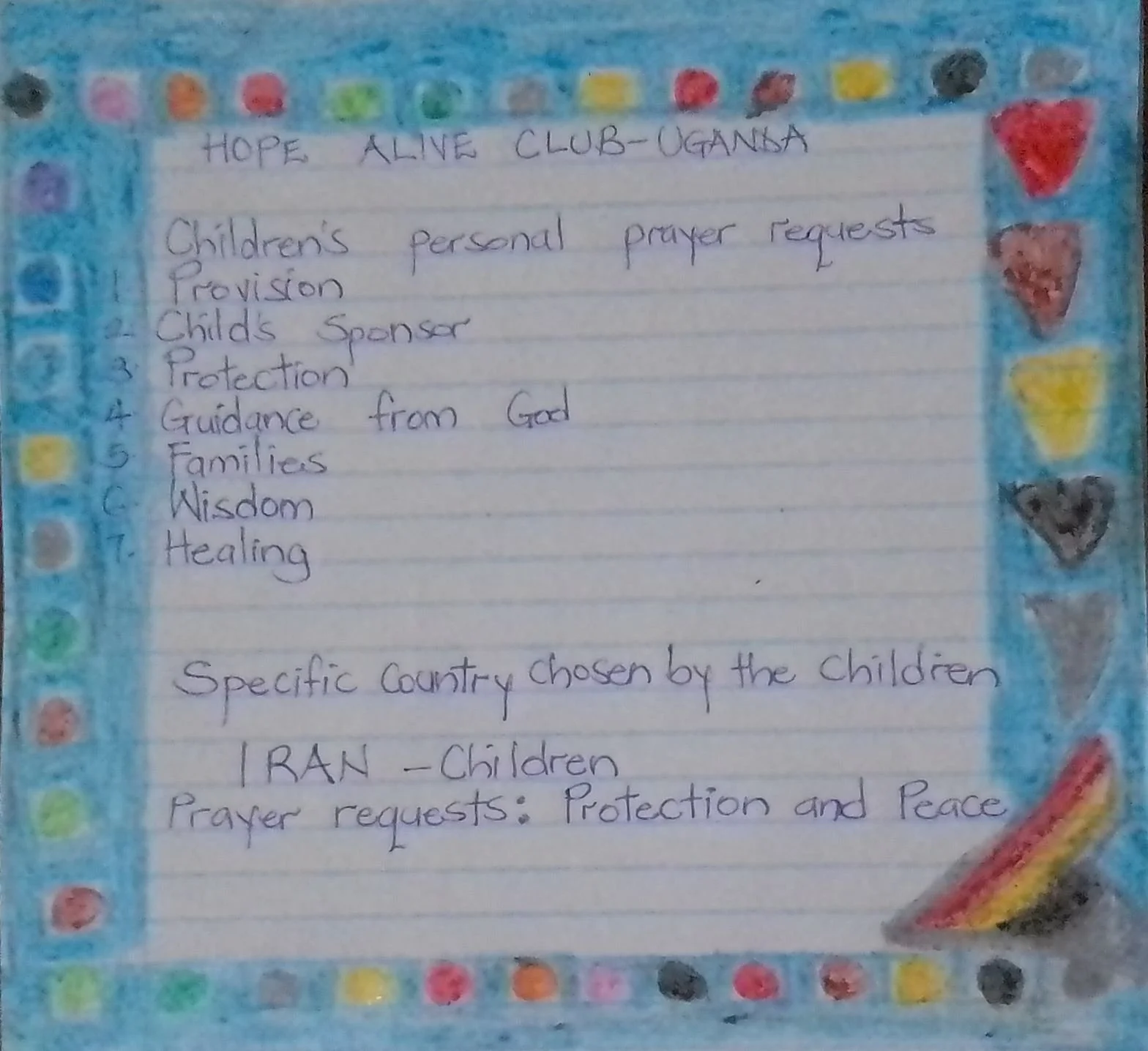 Prayer points by children, thanks to CRANE