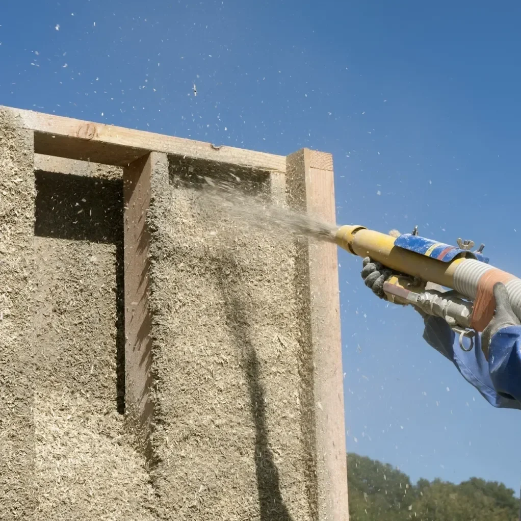 A worker is using a spray gun to apply a substance onto a concrete wall outdoors, with wood framing visible at the top and a clear blue sky in the background.