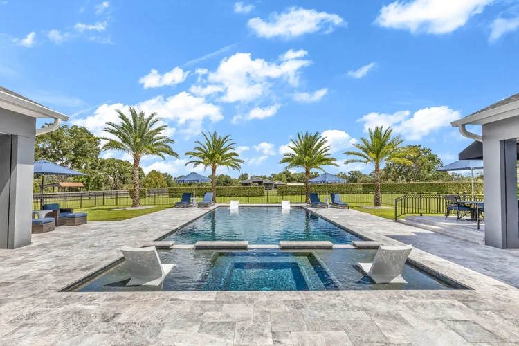 Backyard with swimming pool, lounge chairs, umbrellas, palm trees, and a grassy field under a blue sky with clouds.