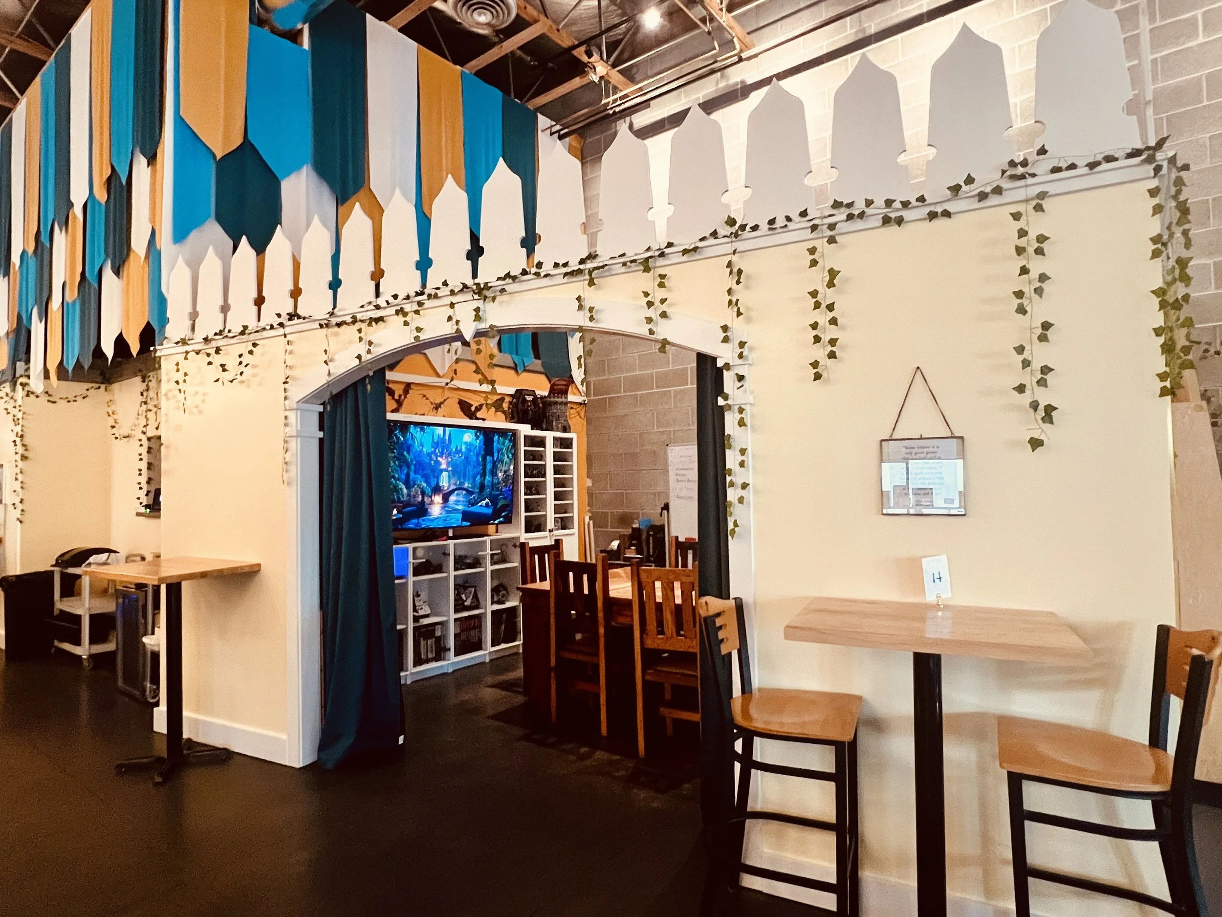 The Castle includes a custom gaming table meansuring 100" x 52" with a game vault and TV screen