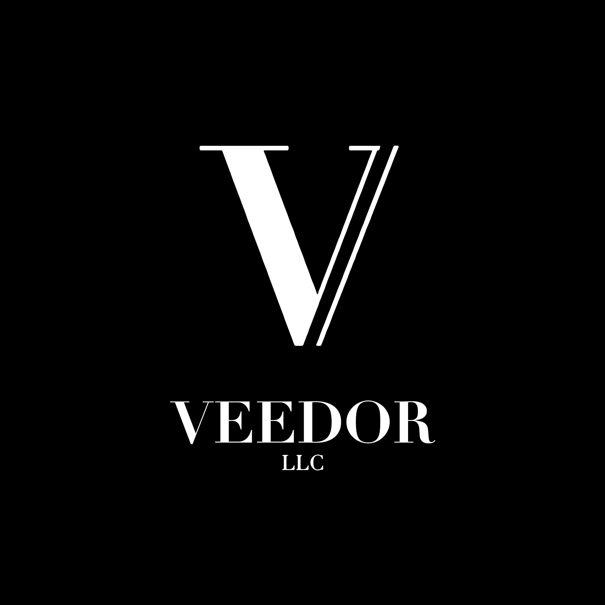 Black background with a large white stylized letter V and a forward slash above the text 'VEEDOR LLC' in white capital letters.