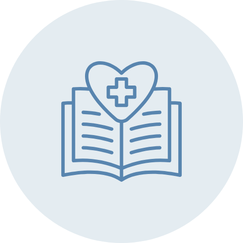 Outline of an open book with a heart and medical cross symbol above it, representing healthcare or medical information.