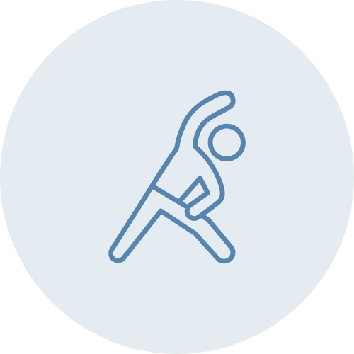 Minimalist line drawing of a person performing a yoga pose, specifically a side bend with one arm reaching over the head.
