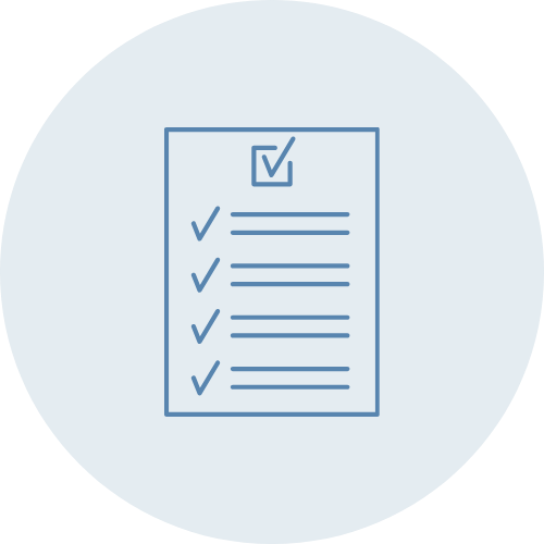Icon of a checklist with checkmarks on a piece of paper inside a light blue circle