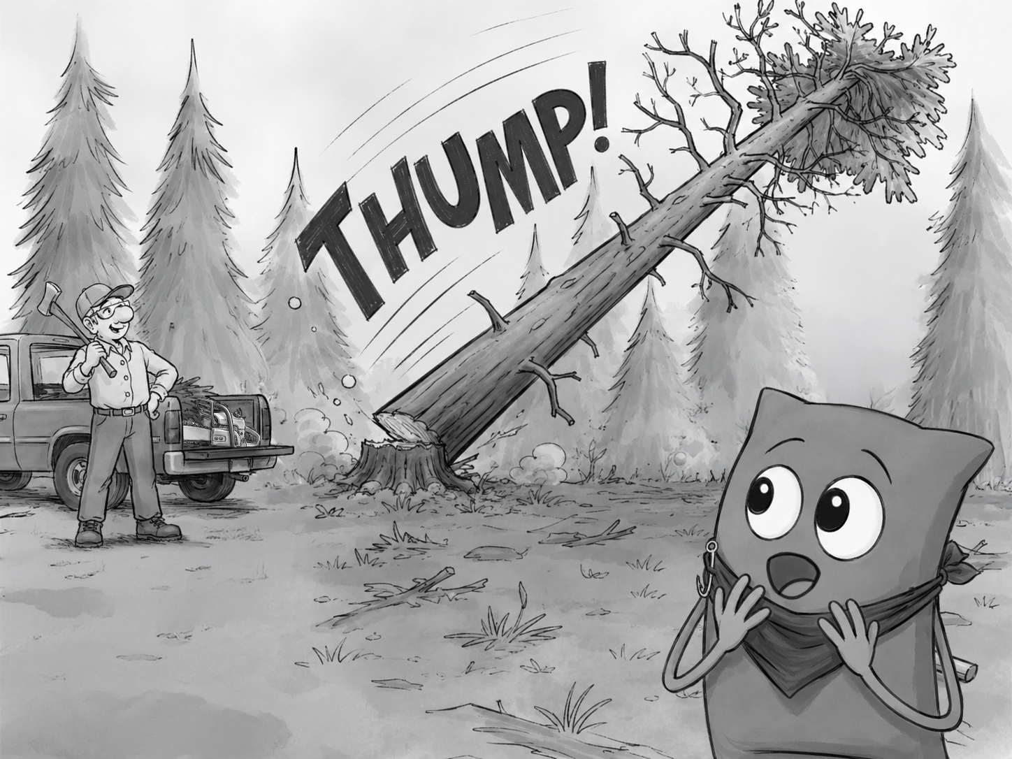 illustration of Grandpa standing back beside his truck as a tree he just fell thumps on the ground while Blizzard stands at a safe distance in awe of the loud thump.