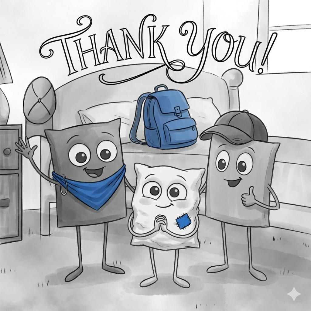Blizzard, Stinky and Cyclone stand in Blizzards room with their blessing bag filled with supplies for their friends in need and say "Thank You."