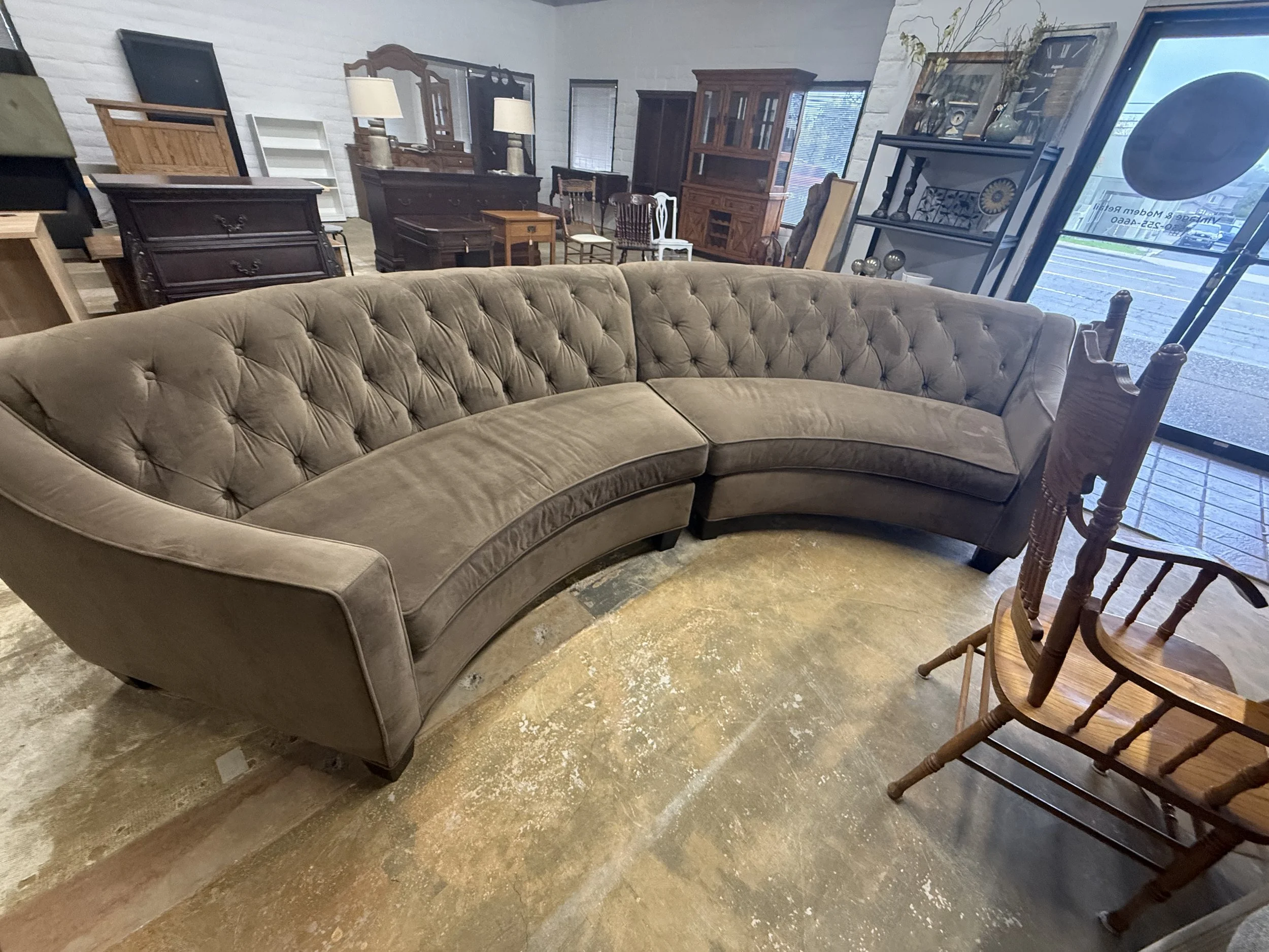 H.M. Richards Reimann 2-piece mocha microsuede curved sectional sofa: $599