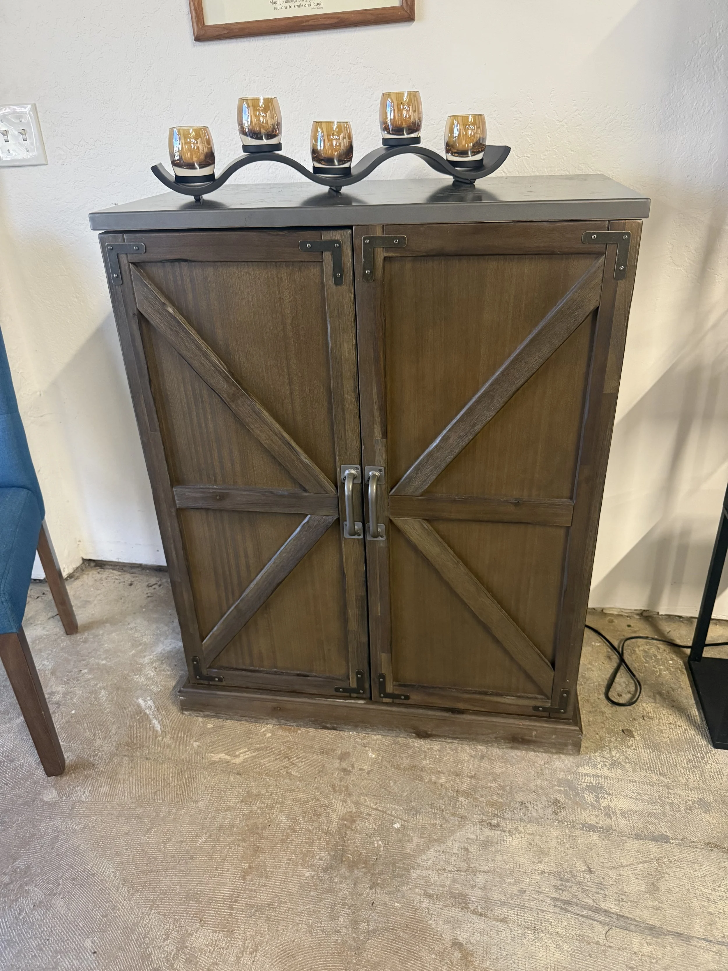 World Market Burnt Alder Farmhouse Barn Door Bar Cabinet: $199