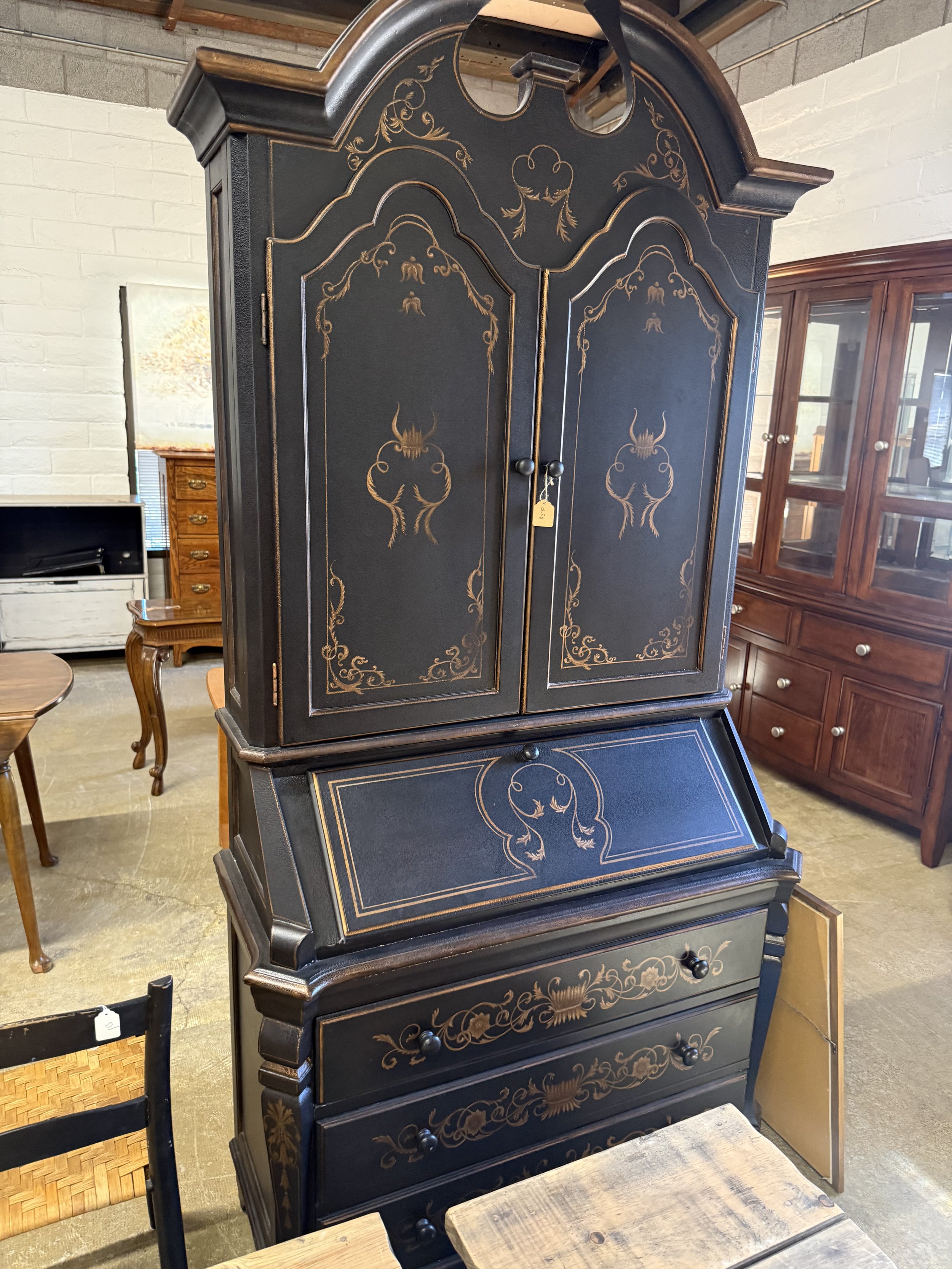 Black and Gold Drop Front Secretary Desk with Drawer Storage: $175
