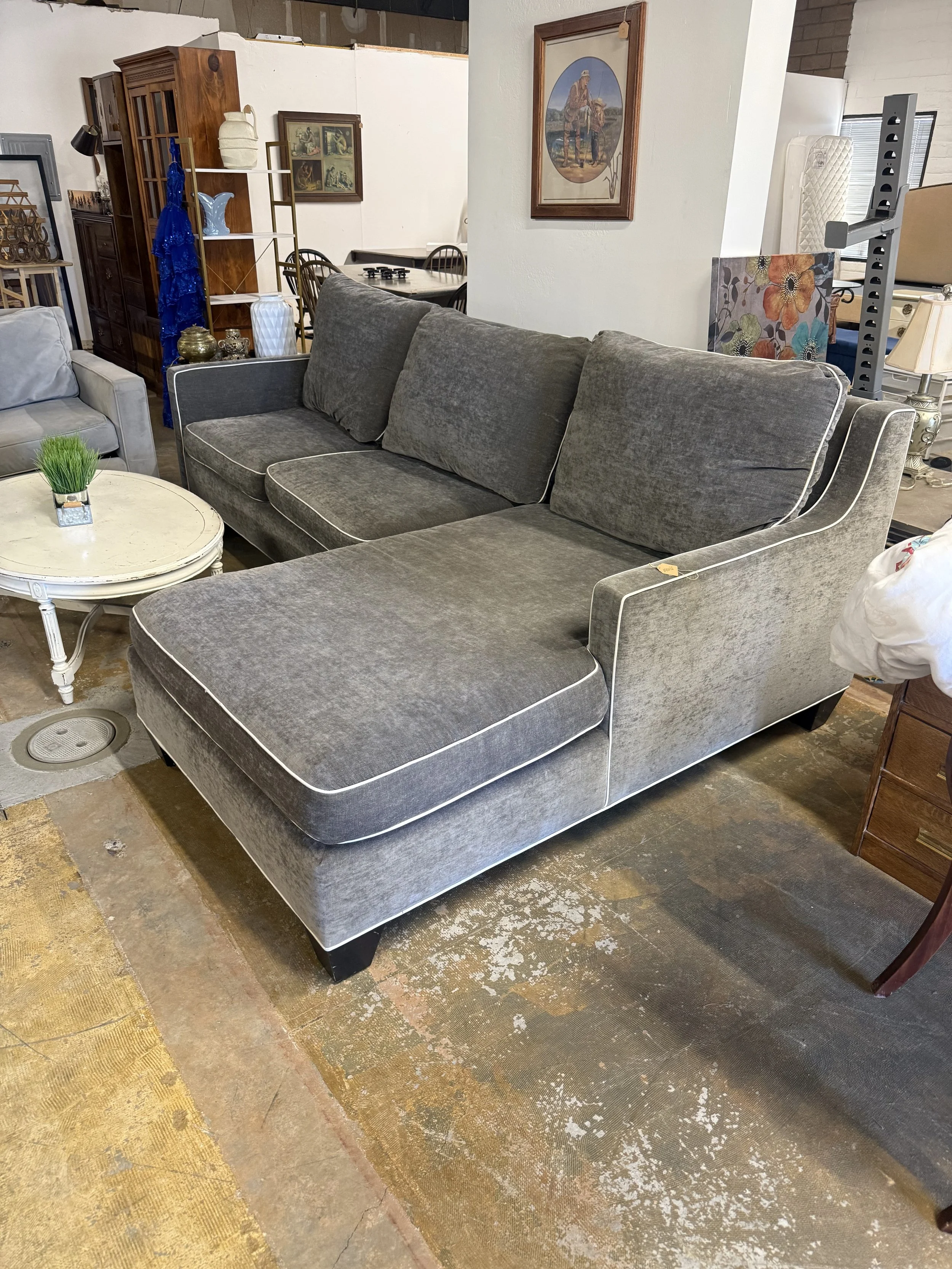 Charcoal Grey Custom Sectional with White Piping: $499