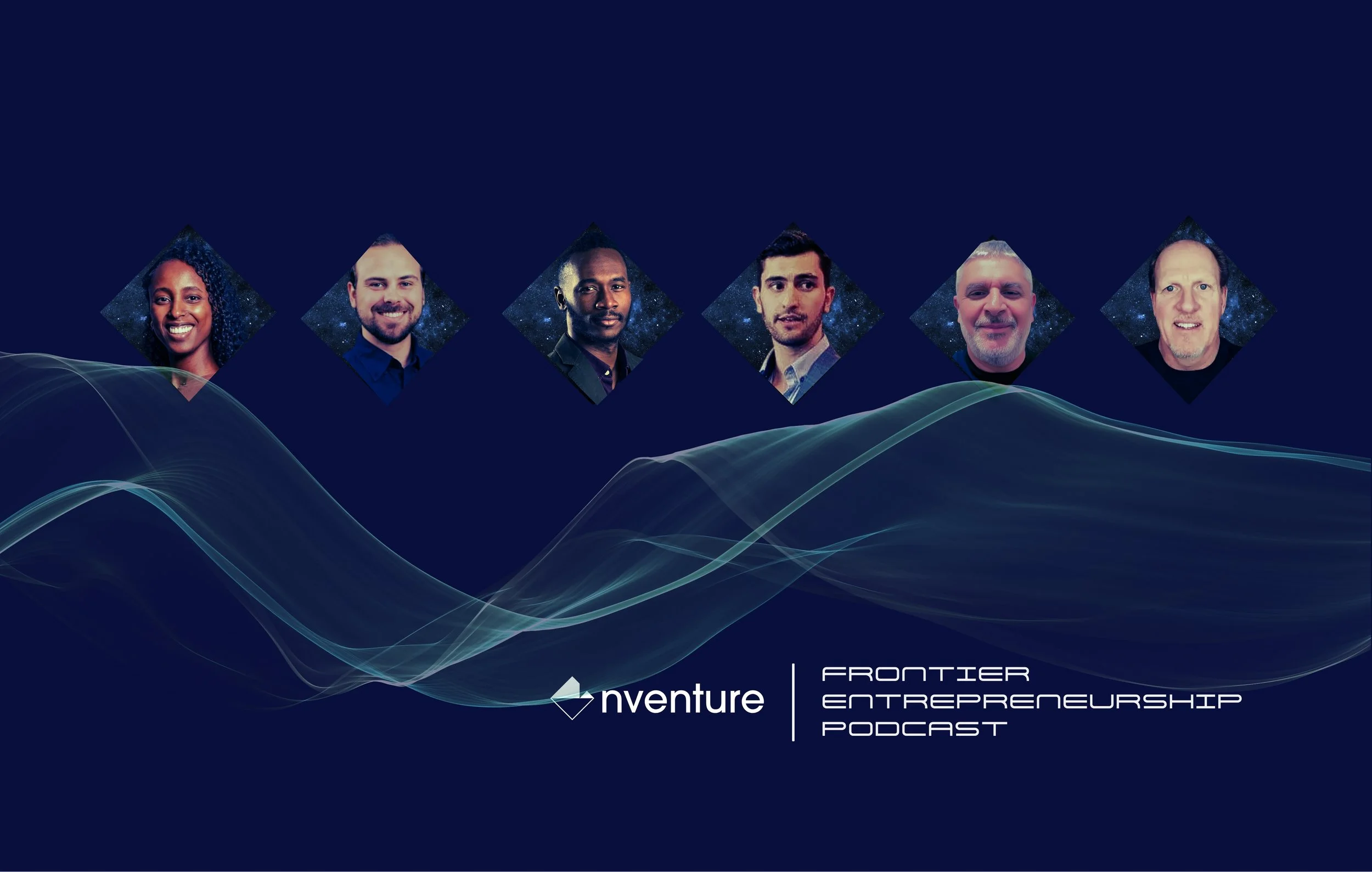 A Season 3 promotional poster, dark blue background, with headshots in diamond shaped cut-outs of 6 entrepreneurs, sound wave in cyan and Nventure and Frontier Entrepreneurship Podcast logos in white overlaid.