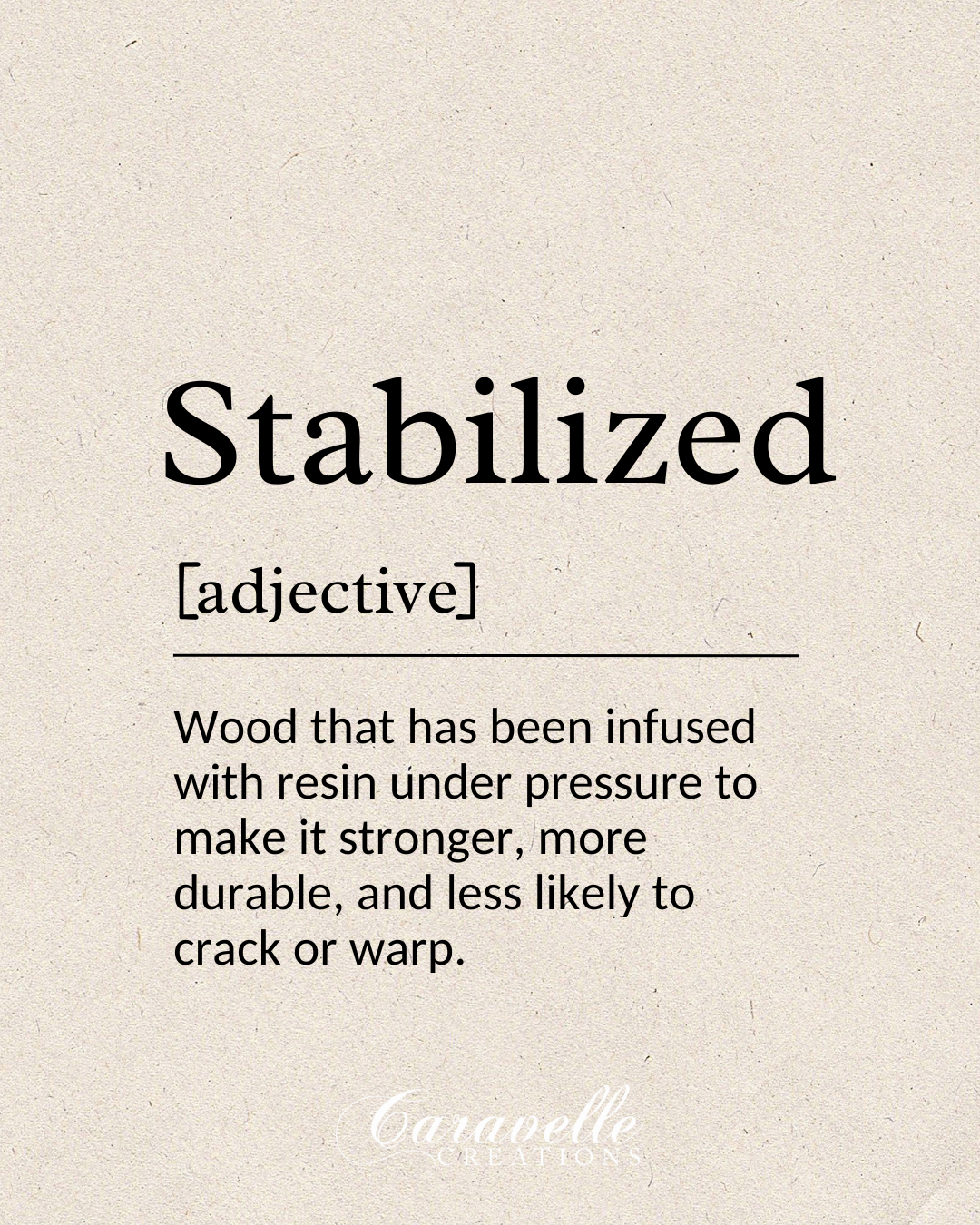 Definition card for stabilized wood, wood infused with resin under pressure to make it stronger and more durable.